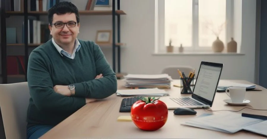 Francesco Cirillo, criador do Método Pomodoro, sentado em sua mesa de trabalho com o icônico cronômetro de tomate.