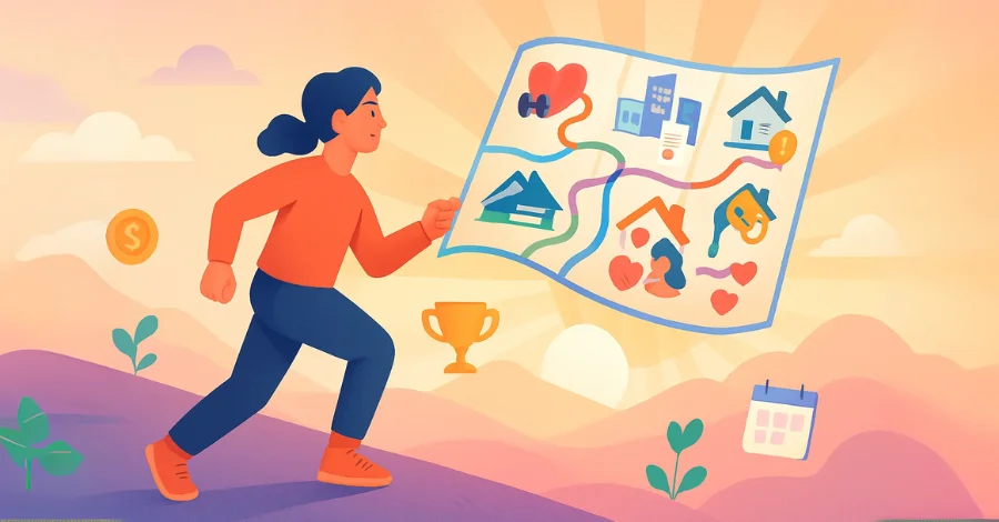 Mulher correndo com um mapa de metas, simbolizando a coragem de começar antes de estar pronto para alcançar seus objetivos.