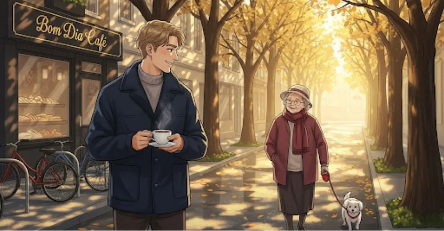 Jovem com café e senhora com cachorro trocam sorrisos em rua arborizada, expressando a gratidão pelas pequenas gentilezas do dia a dia.