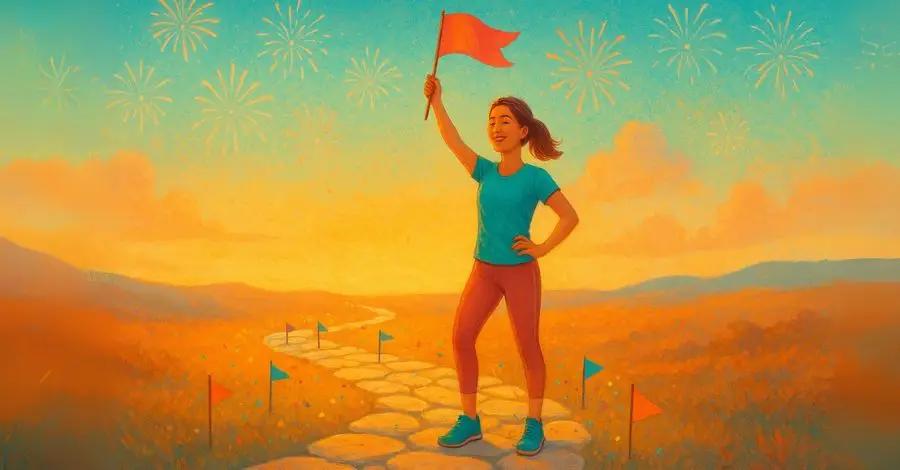 Mulher vitoriosa com uma bandeira em um caminho de marcos, simbolizando a importância de celebrar as pequenas vitórias na jornada.