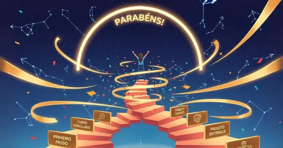 Mulher celebrando no topo de uma escada de conquistas, simbolizando a jornada passo a passo para encontrar seu verdadeiro propósito.