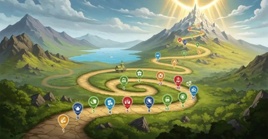 Mapa de uma jornada de desenvolvimento, com um caminho sinuoso e marcos de progresso que levam a um pico de montanha iluminado.