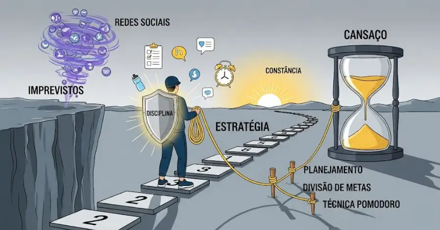 Homem em jornada para alcançar seus objetivos, usando disciplina e estratégia para superar distrações, cansaço e imprevistos.