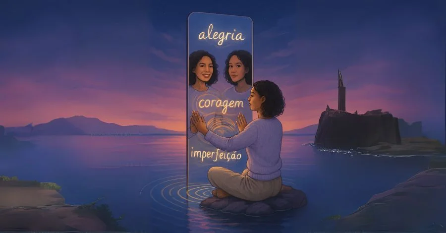 Mulher meditando em frente a um espelho com as palavras alegria, coragem e imperfeição, simbolizando a jornada da autoaceitação.