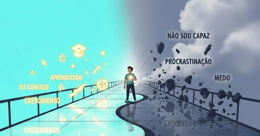 Jovem em uma ponte escolhendo entre o caminho da autoconfiança e crescimento e o caminho do medo e da procrastinação.