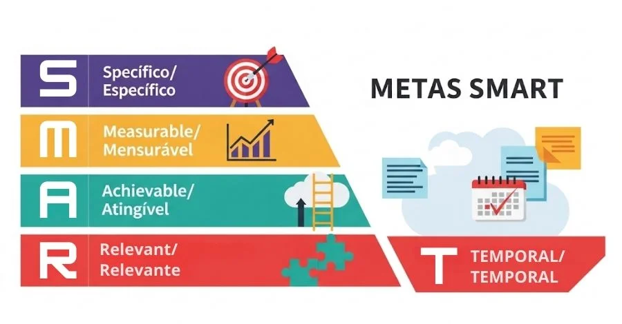 Infográfico explicando o que são Metas SMART: Específico, Mensurável, Atingível, Relevante e Temporal, com ícones para cada critério.