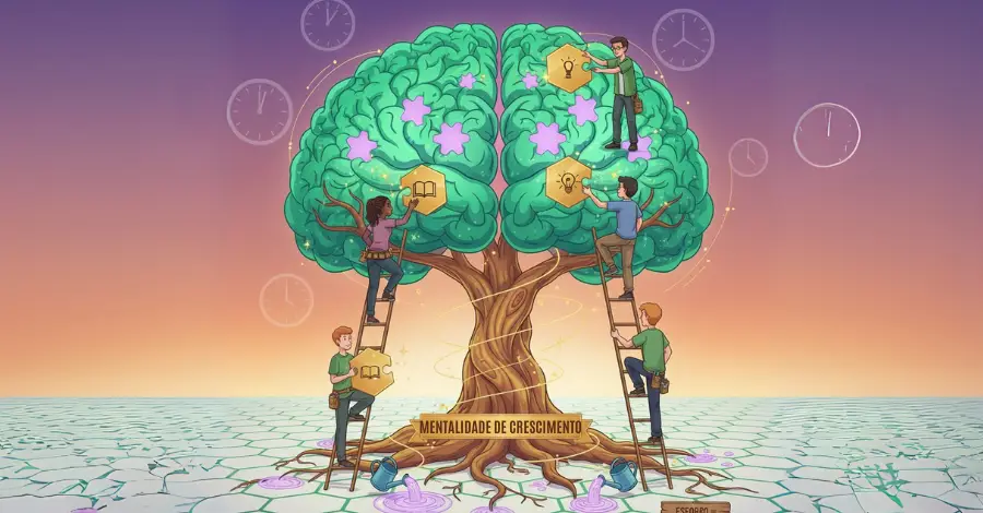 Árvore em forma de cérebro sendo cultivada por pessoas, simbolizando a mentalidade de crescimento através do esforço e aprendizado contínuo.