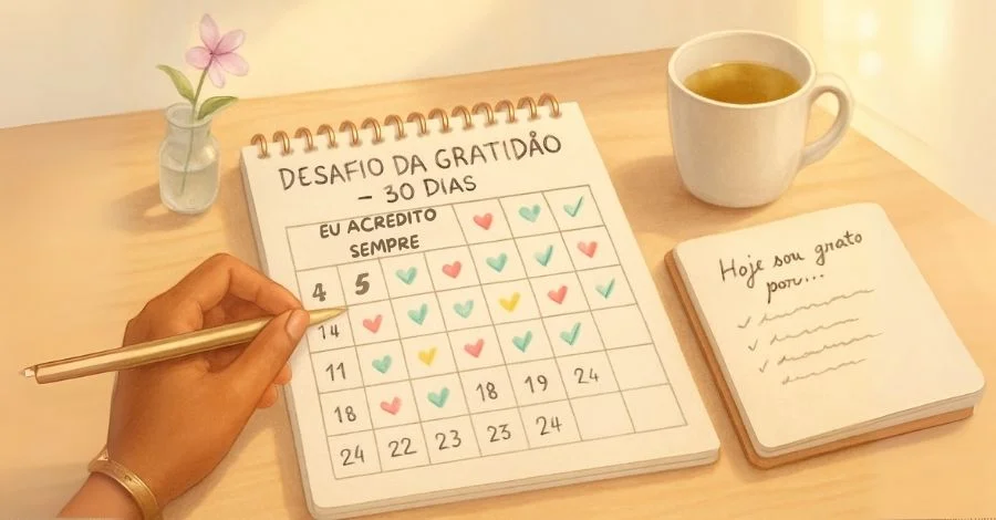 Pessoa participando do Desafio da Gratidão de 30 dias, marcando o calendário e escrevendo em seu diário de gratidão.