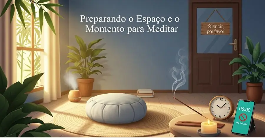 Ambiente tranquilo preparado para meditar, com almofada, incenso, vela e uma placa de "silêncio" na porta.
