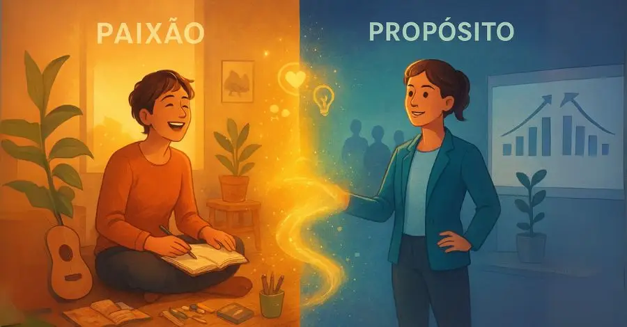 Comparativo mostrando uma pessoa transformando sua paixão criativa em um propósito profissional com impacto em outras pessoas.
