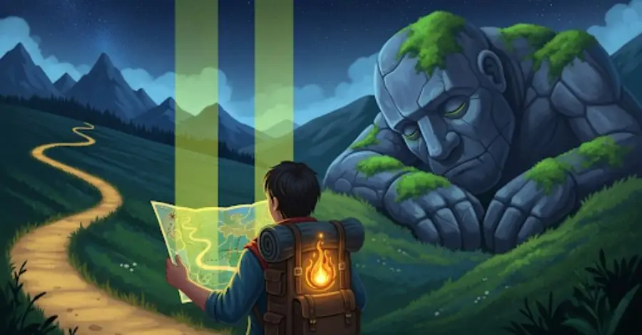 Jovem aventureiro com um mapa, planejando sua jornada ao lado de um gigante adormecido, simbolizando a autoconfiança para despertar o potencial.