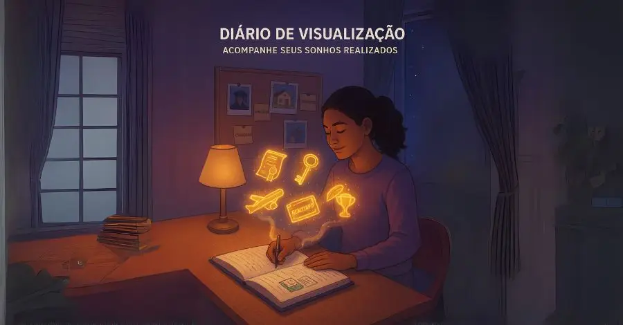 Mulher escrevendo em seu diário de visualização à noite, com ícones de seus sonhos e metas brilhando a partir das páginas.