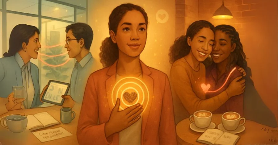 Mulher com coração brilhando, cercada por cenas de conexões profissionais e pessoais que servem para aumentar a motivação.