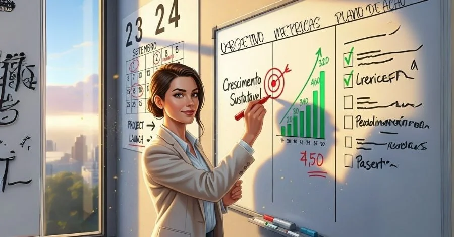 Mulher de negócios apresentando estratégias eficazes em um quadro branco, com seções para objetivo, métricas e plano de ação.