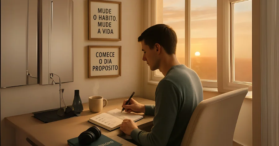 Homem em mesa organizada planejando o dia para vencer a procrastinação, com quadros motivacionais na parede.