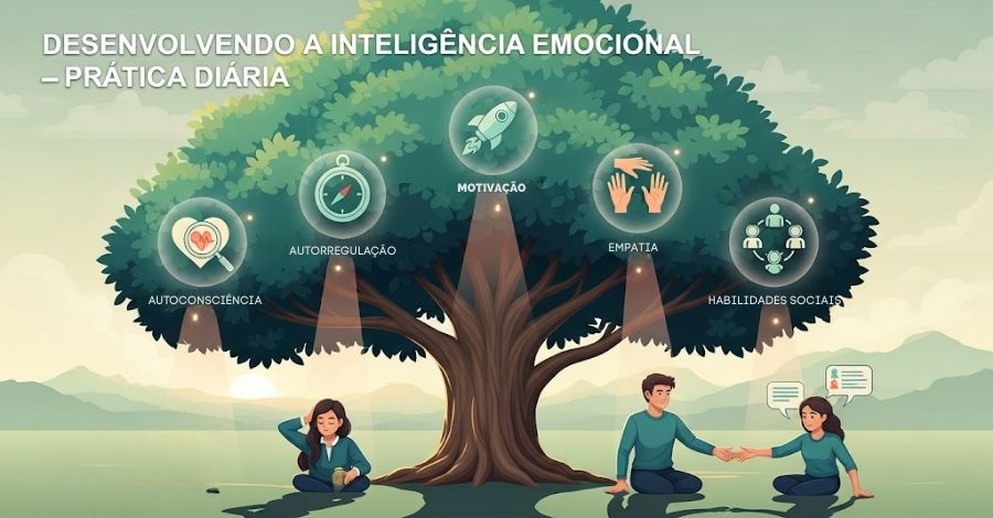 Infográfico mostrando os 5 pilares para desenvolver a inteligência emocional: autoconsciência, autorregulação, motivação, empatia e habilidades sociais.