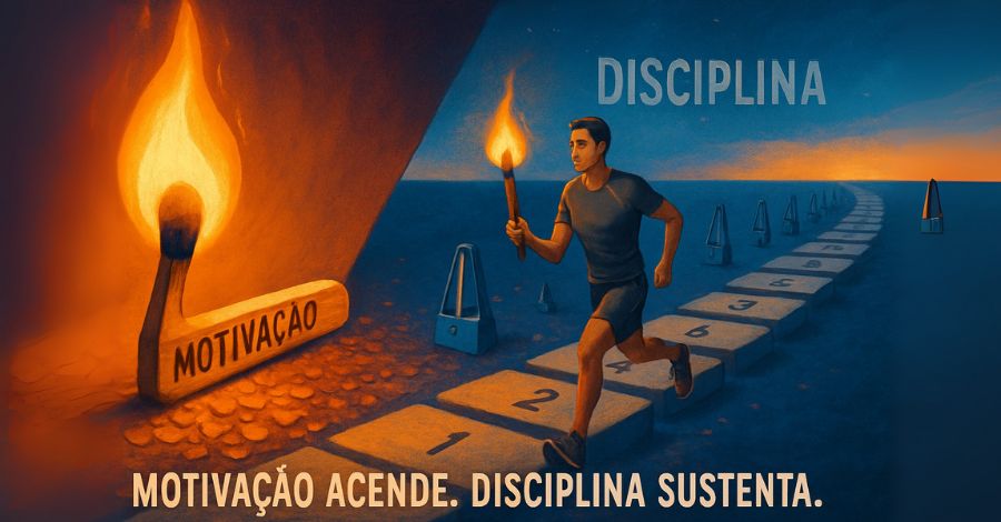Metáfora visual onde a "Motivação" é um fósforo que acende a tocha da "Disciplina", que sustenta a corrida a longo prazo.