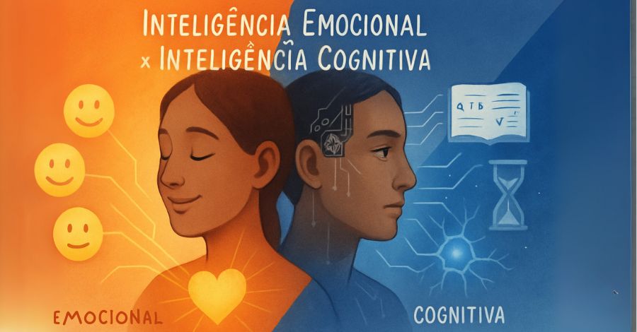 Comparativo entre Inteligência Emocional, com ícones de coração e emoções, e Inteligência Cognitiva, com ícones de cérebro e lógica.