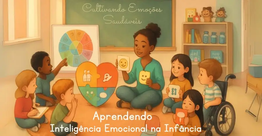 Professora em uma sala de aula inclusiva ensinando sobre inteligência emocional na infância para um grupo diverso de crianças.