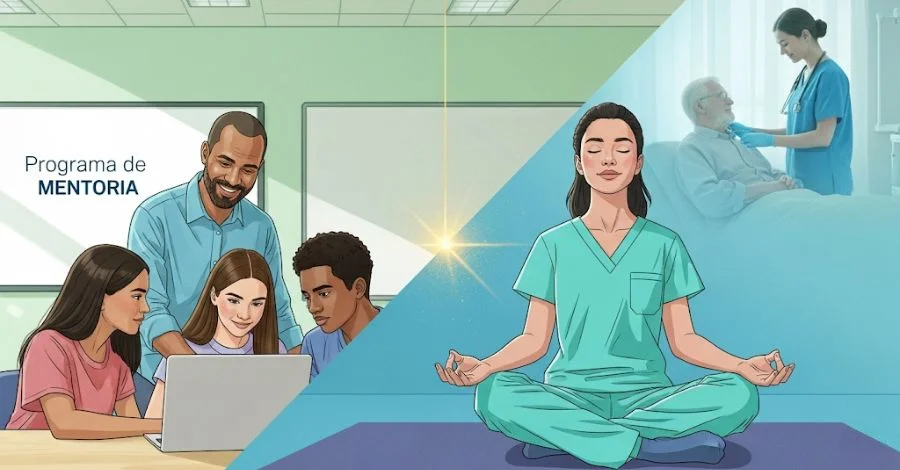 Montagem sobre motivação profissional, mostrando mentoria, meditação e cuidado com paciente para um alto desempenho no trabalho.