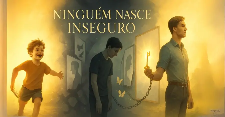 Ilustração da jornada de um homem para superar a insegurança, desde a infância confiante até a libertação na vida adulta.