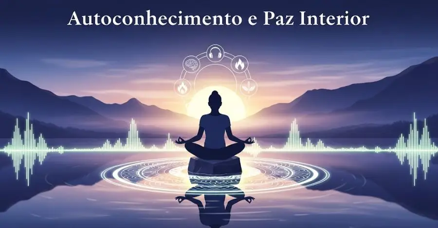 Pessoa meditando em um lago ao pôr do sol, alcançando autoconhecimento e paz interior através do equilíbrio de mente e corpo.