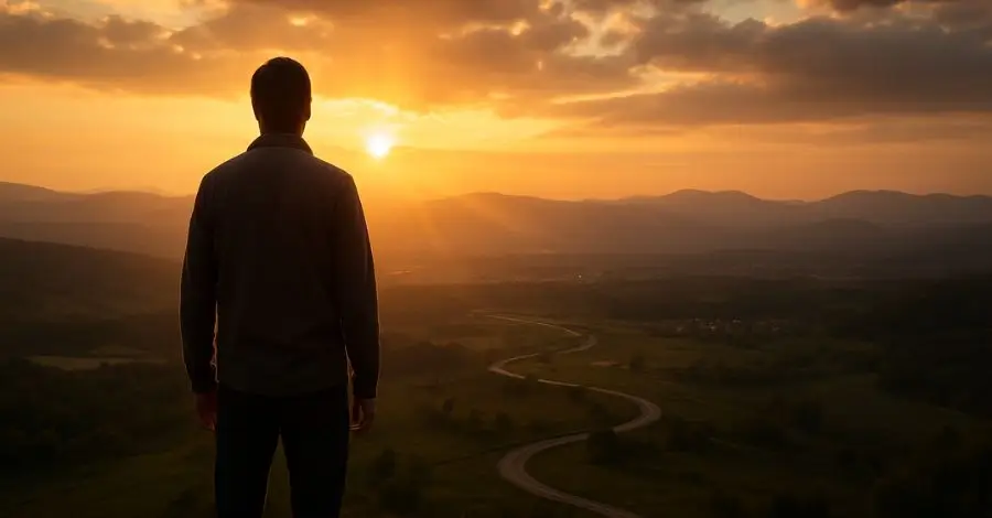 Homem olhando para uma estrada sinuosa que representa a jornada da vida, refletindo sobre o seu propósito ao pôr do sol.
