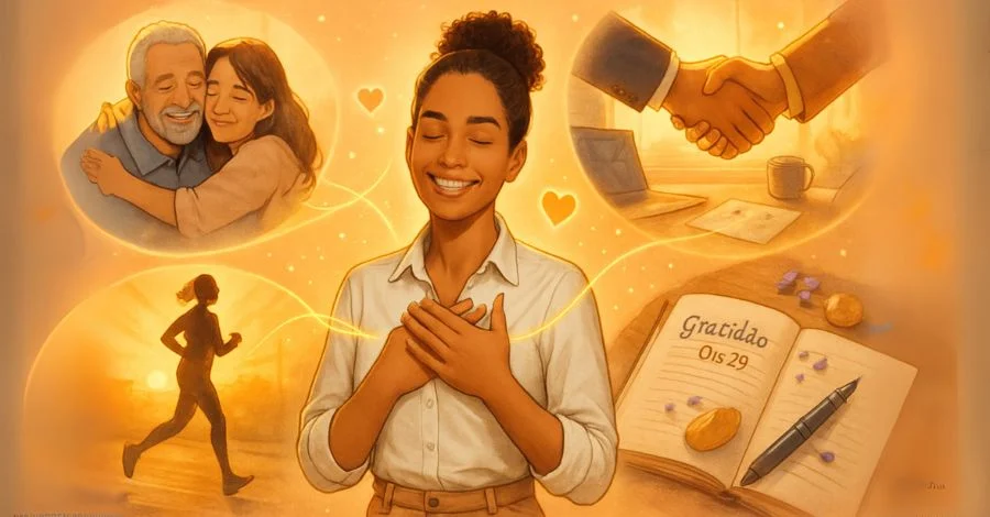 Mulher sentindo os benefícios da gratidão, lembrando de família, conquistas e saúde ao completar seu desafio de 30 dias.