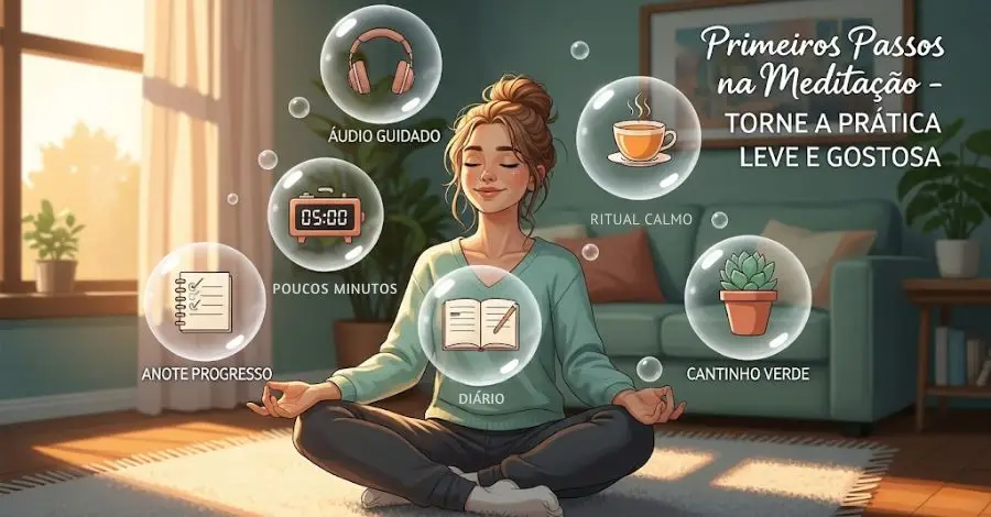 Mulher meditando com dicas para iniciantes em bolhas, como áudio guiado e poucos minutos, para uma prática de meditação leve e gostosa.