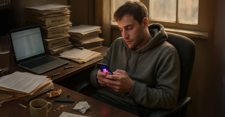 Homem em mesa de trabalho desorganizada, demonstrando procrastinação ao usar o celular em vez de focar nas pilhas de relatórios.