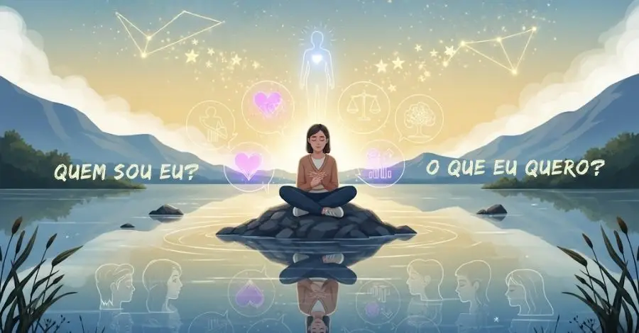 Mulher meditando em um lago, refletindo sobre as perguntas "Quem sou eu?" e "O que eu quero?" em sua jornada de autoconhecimento.