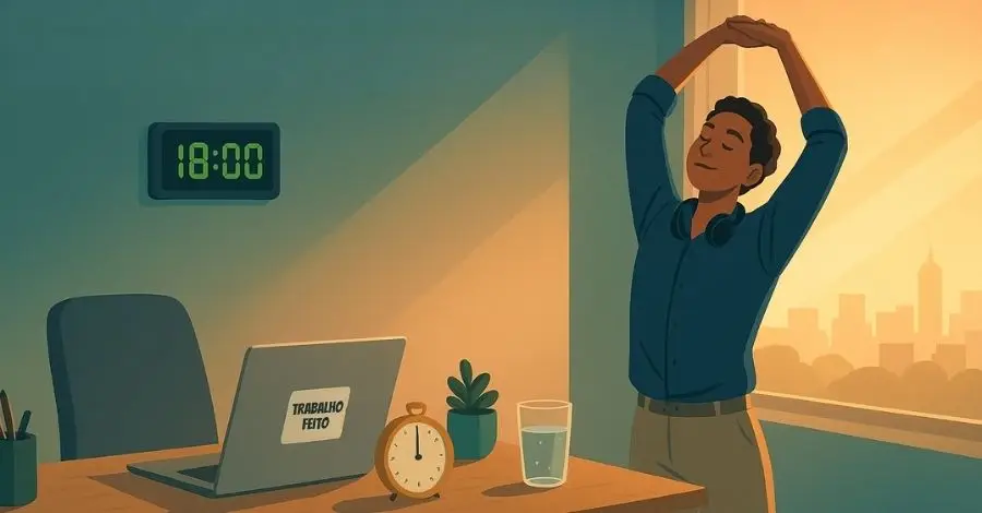 Homem se espreguiçando com satisfação no fim do expediente, com a mensagem "Trabalho Feito" em seu laptop às 18:00.