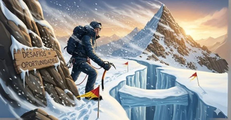 Alpinista escalando montanha de gelo com uma placa que diz "Desafios = Oportunidades", simbolizando a superação.
