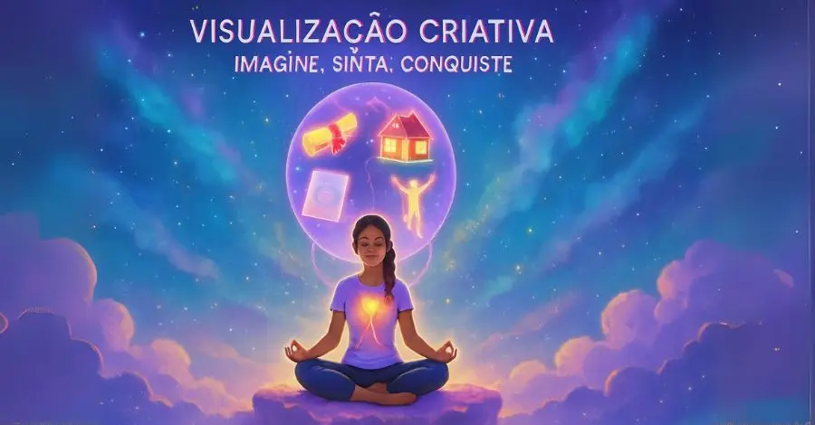 Mulher praticando visualização criativa, meditando e imaginando a conquista de seus sonhos, como uma casa e um diploma.