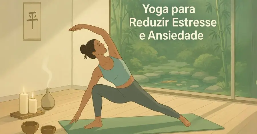 Mulher praticando uma postura de yoga em um ambiente calmo para reduzir o estresse e a ansiedade, como parte de sua rotina de bem-estar.