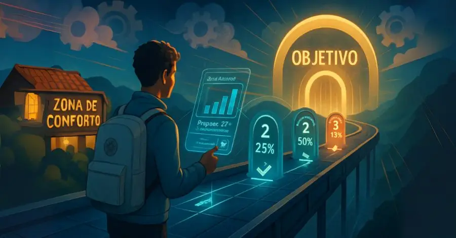 Jovem em uma jornada da "Zona de Conforto" ao "Objetivo", usando uma tela holográfica para medir seu progresso.